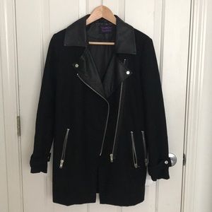 Long black faux leather and wool zipper coat